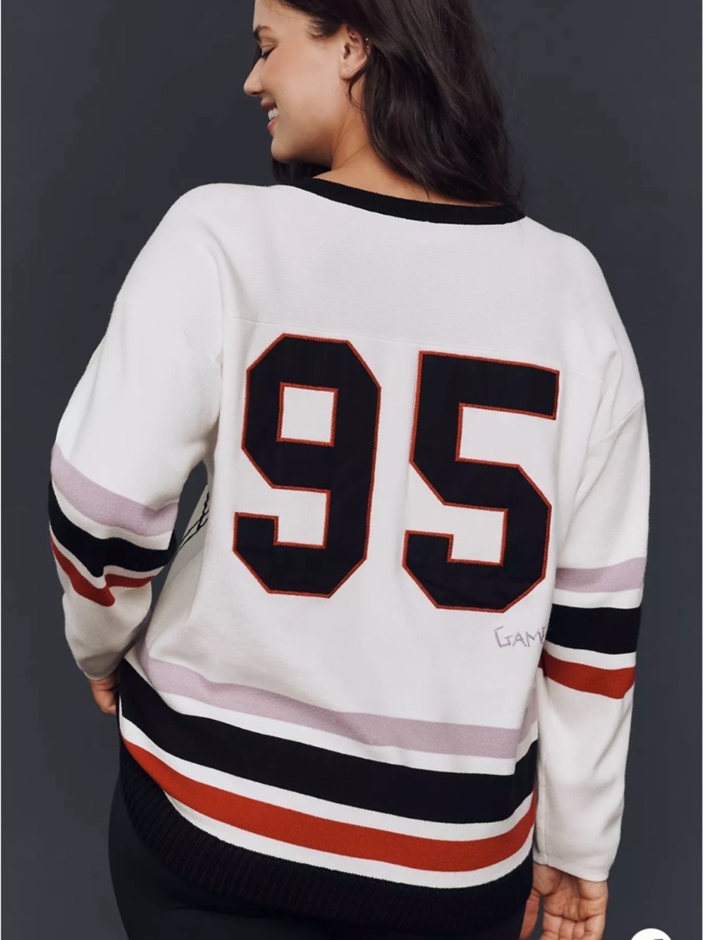 Anthropologie White Sweater with Black & Rust Number 95 and Pastel Stripes